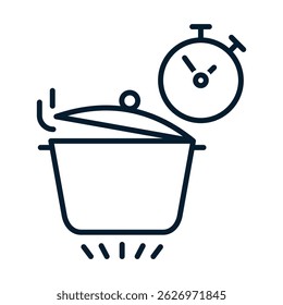 Cacerola, reloj. Concepto de tiempo de cocción. Icono lineal de Vector aislado sobre fondo blanco.