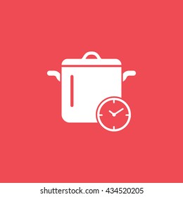 Saucepan and Clock Flat Icon On Red Background