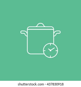 Saucepan and Clock Line Icon On Green Background