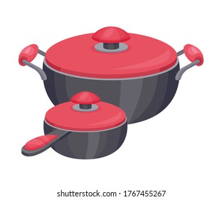 Saucepan and Cooking Pot as Metal Kitchen Utensil Vector Illustration