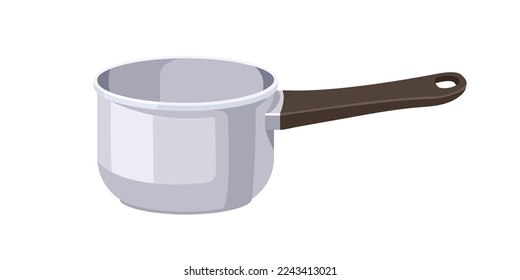 Saucepan, cooking pot. Saute pan with long handle. Deep empty sauce utensil with tall sides. Metal, stainless steel kitchenware for cook. Flat vector illustration isolated on white background