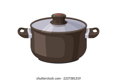 Saucepan covered with lid. Nonstick sauce pan, cook ware. Closed stockpot, kitchen utensil for cooking. Deep non-stick stock pot. Flat vector illustration isolated on white background