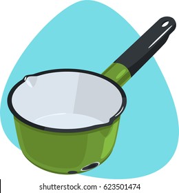 Saucepan. Empty green deep cooking pan with one handle. Isolated. On blue background.