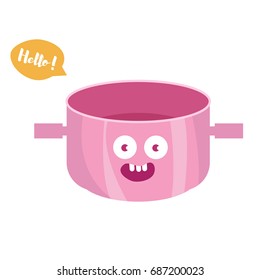 Saucepan with face. Vector. Cartoon. Isolated art on white background. Flat