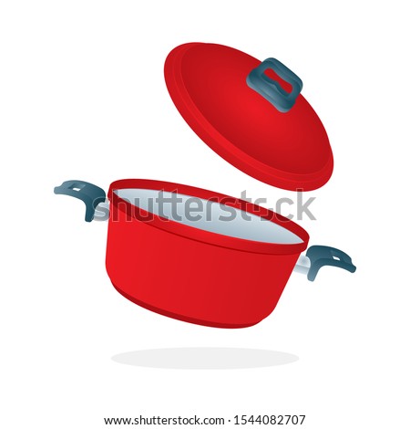 Saucepan with flying lid. Realistic saucepan with open lid vector illustration. Red cooking pot. Kitchen appliance. Casseroles isometric icon. Part of set. 