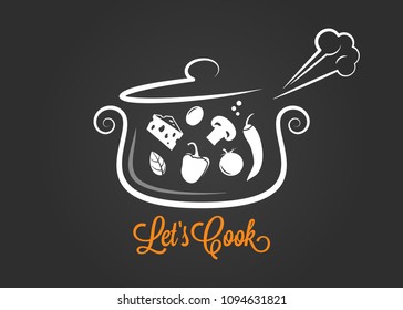 saucepan with food ingredients cooking logo on dark background