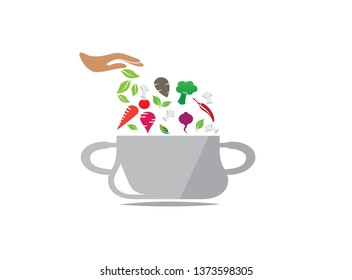 Saucepan with food ingredients cooking for logo design, cooking vegetables in the pot icon illustrator