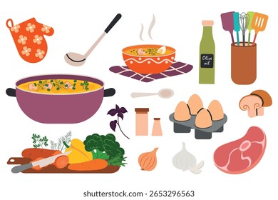 Saucepan with freshly cooked soup with vegetables and meat. Kitchen utensils