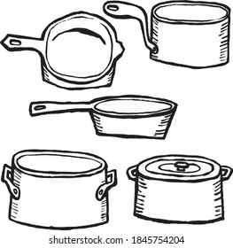 Saucepan, frying pan, pan vector hand drawn illustration