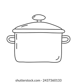 Saucepan with glass lid, doodle style flat vector outline for coloring book