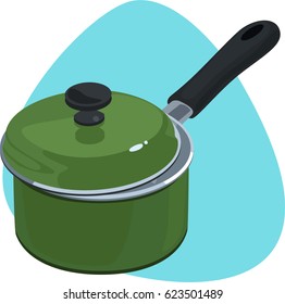 Saucepan. Green deep cooking pan with one handle and lid. Isolated. On blue background.