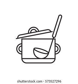 Saucepan with half opened cover and a ladle inside, isolated on white background.
