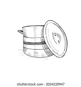 Saucepan. Hand-drawn Sketch. Black And White Illustration, Vector.