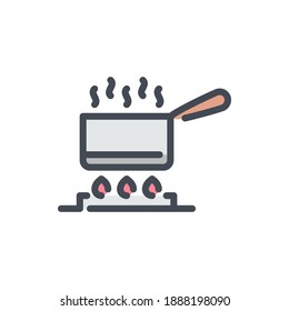 Saucepan with handle with boiling water on stove with fire color line icon. Cooking pan on gas stove vector outline colorful sign.