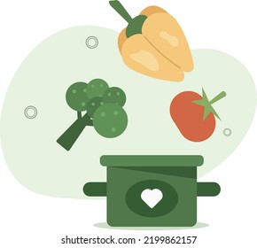 Saucepan with a heart-shaped pattern and healthy vegetables. vegan diet concept. flat vector illustration.