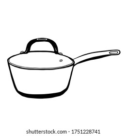 Saucepan with helper with helper handle and cover hand drawn vector illustration isolated on white background 