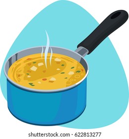 Saucepan. Hot soup in blue deep cooking pan with plastic handle. Isolated. On blue background.