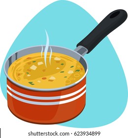 Saucepan with hot yellow soup. Red deep cooking pan with one handle. Isolated. On blue background.