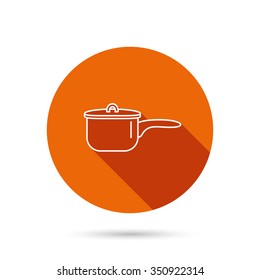 Saucepan icon. Cooking pot or pan sign. Round orange web button with shadow.