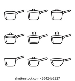 Saucepan Icon Set for Kitchen. Cooking Process with Pots and Pans Icons
