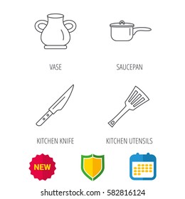 Saucepan, kithcen knife and utensils icons. Vase linear sign. Shield protection, calendar and new tag web icons. Vector