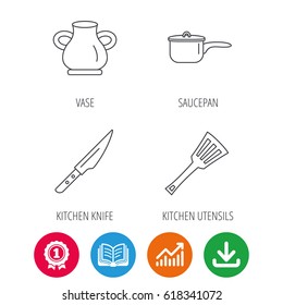 Saucepan, kithcen knife and utensils icons. Vase linear sign. Award medal, growth chart and opened book web icons. Download arrow. Vector