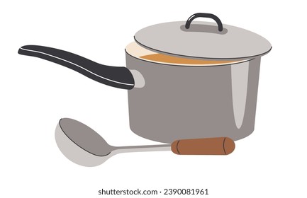 Saucepan and ladle. Kitchen cooking items, vector illustration of cooking elements isolated on a white background