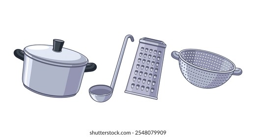 Saucepan with lid, colander, soup ladle spoon, kitchen grater isolated steel cooking utensils set