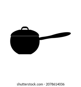 A saucepan with a lid for cooking the second course is black on a white background. Vector image.