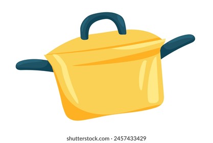 Saucepan with lid in flat design. Yellow pot for boiling and soup cooking. Vector illustration isolated.