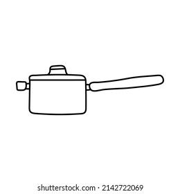 Saucepan with lid. Kitchenware sketch. Doodle line vector kitchen utensil. Hand drawn illustration. Black and white outline icon