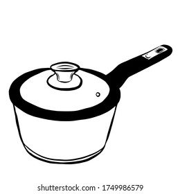 Saucepan with lid metal cookware hand drawn kitchen utensils isolated on white background. Vector illustration in doodle stile.