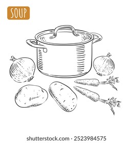 Saucepan with lid, onion, carrot and potato. Simple black outline vector drawing. Vegetarian food, lunch. Cooking vegetable soup. Ink sketch.