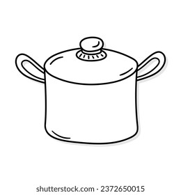 Saucepan with lid vector icon in doodle style. Symbol in simple design. Cartoon object hand drawn isolated on white background.