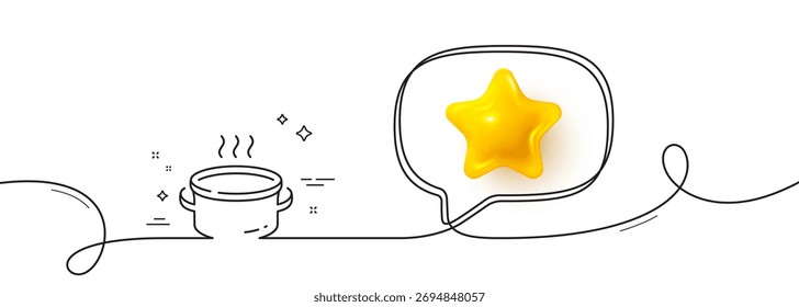 Saucepan line icon. Continuous line with 3d star. Kitchen pot sign. Food cooking utensils symbol. 3d star in speech bubble. Saucepan single line ribbon. Loop curve pattern. Vector