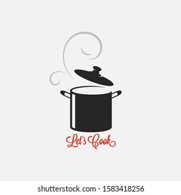 Saucepan logo. Lets cook vintage lettering on white background