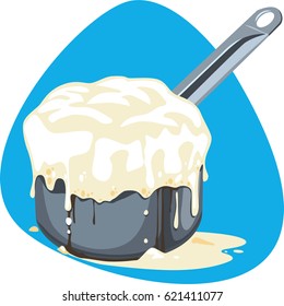 Saucepan with milk. Deep cooking pan with one handle. Isolated. On blue background.