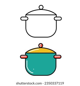 Saucepan on burner. Cartoon steel cooking pot with boiling soup, flaming gas burner heats kitchen cookware pan, vector illustration concept of home dinner isolated