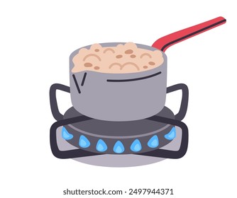 Saucepan on gas stove. Delicious boiling porridge in pot, hot tasty dish on gas cooker, food preparing flat vector illustration. Breakfast or lunch or dinner cook on stove
