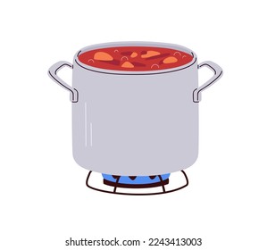 Saucepan on gas stove. Open sauce pan with boiling soup. Metal steel pot on cooker. Cooking process in deep kitchenware. Flat vector illustration isolated on white background