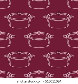 Saucepan on green background. Kitchen seamless pattern.