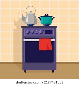 Saucepan on the stove. Kitchen stove. Vector illustration.