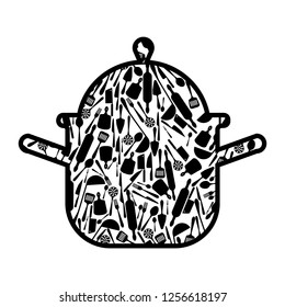 saucepan on white background. black silhouette, decorated with kitchen utensils. vector illustration