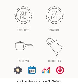 Saucepan, potholder and BPA free icons. DEHP free linear sign. Calendar, Graph chart and Cogwheel signs. Download colored web icon. Vector