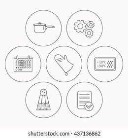 Saucepan, potholder and salt icons. Heat-resistant linear sign. Check file, calendar and cogwheel icons. Vector