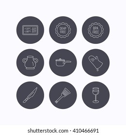 Saucepan, potholder and wineglass icons. Kitchen knife, utensils and vase linear signs. Heat-resistant, BPA, DEHP free icons. Flat icons in circle buttons on white background. Vector