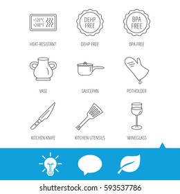 Saucepan, potholder and wineglass icons. Kitchen knife, utensils and vase linear signs. Heat-resistant, BPA, DEHP free icons. Light bulb, speech bubble and leaf web icons. Vector