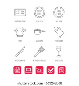 Saucepan, potholder and wineglass icons. Kitchen knife, utensils and vase linear signs. Heat-resistant, BPA, DEHP free icons. Report document, Graph chart and Calendar signs. Vector