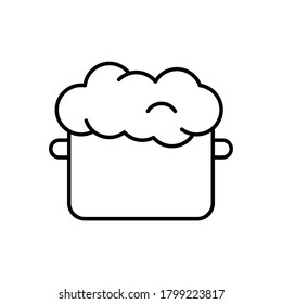 Saucepan with raw puffed dough. Linear icon of cooking and kneading dough. Black simple illustration of homemade bakery products, baking bread. Contour isolated vector pictogram on white background