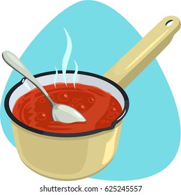 Saucepan. Red sauce and spoon in deep cooking pan with handle. Isolated. On blue background.